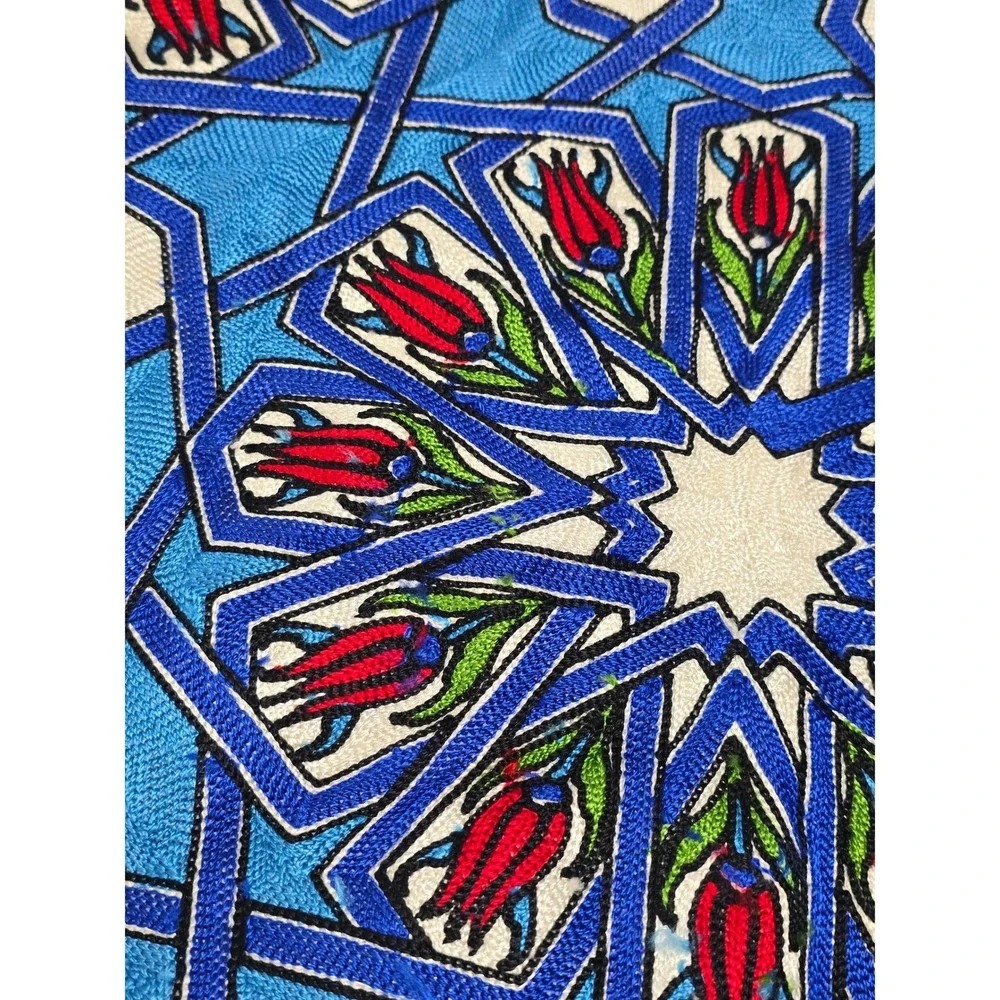 Handmade Turkish Embroidered Pillow Covers 2‎ Iznik Tulip Geometric Blue Cream